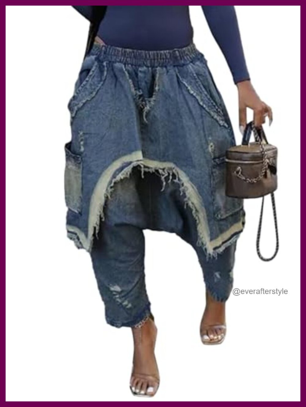 Womens Baggy Harem Jeans Elastic Waist Wide Leg Cropped Denim Jogger Pants